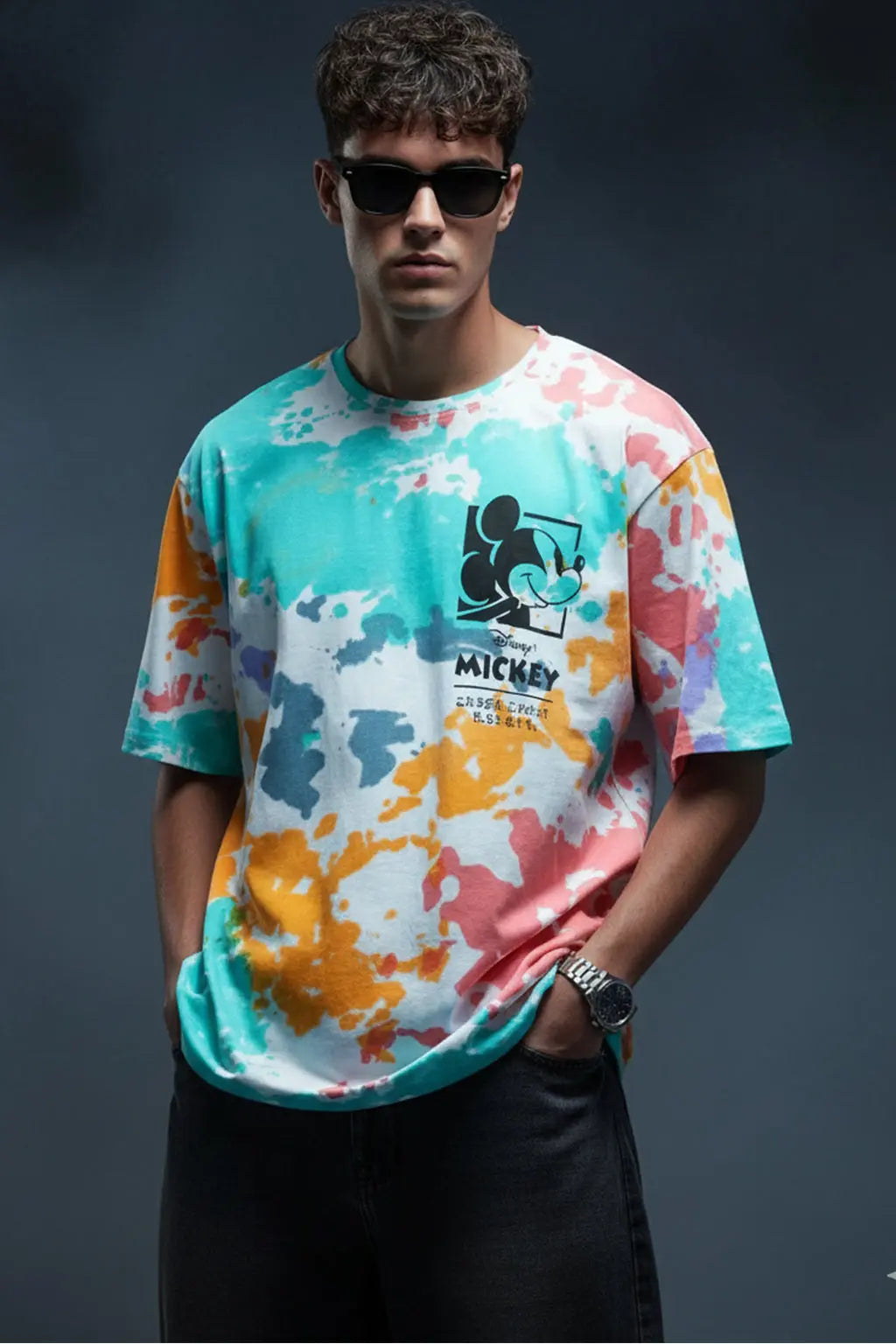 Mickey Loves Music White Oversized Tie-Die Printed T-shirt MY CLOTHING LINE