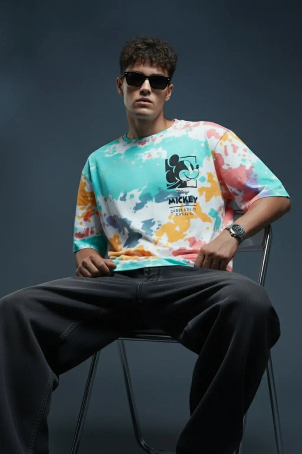 Mickey Loves Music White Oversized Tie-Die Printed T-shirt MY CLOTHING LINE